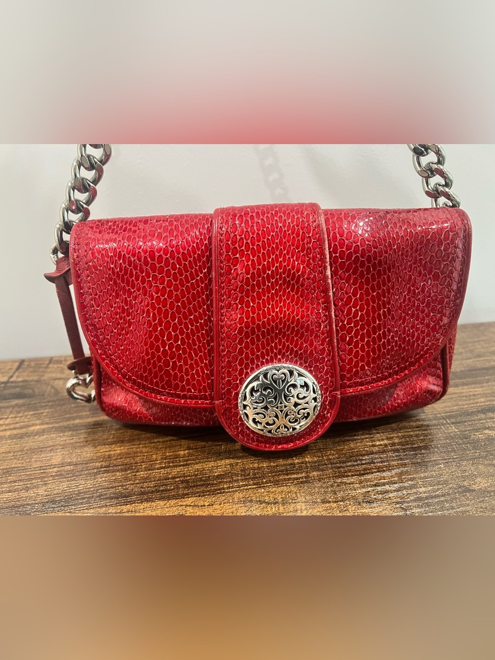 Vintage Brighton Nannette Metallic Red Snakeskin Chain Shoulder Bag Y2K - Rare